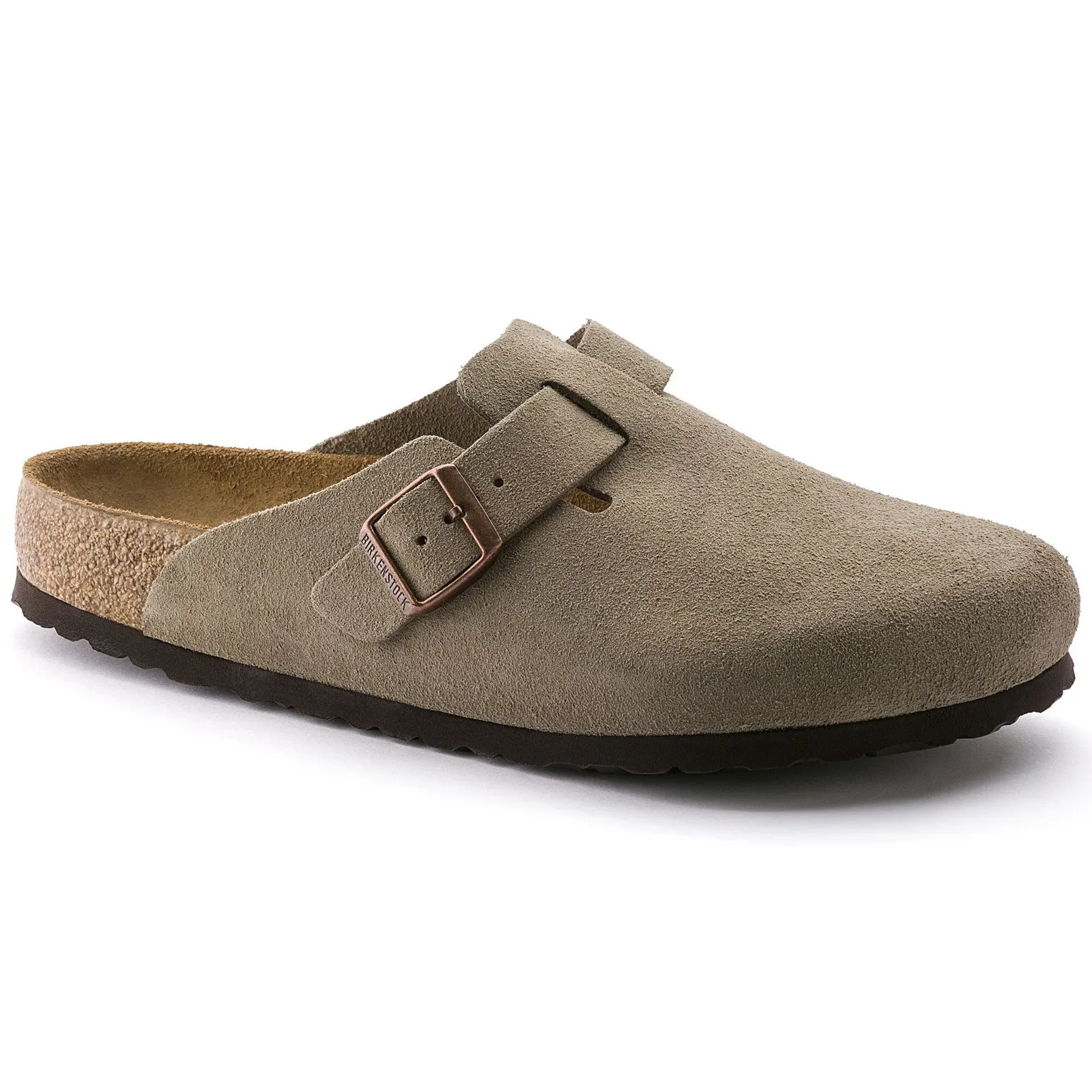 Boston Lit de pied souple, cuir suédé taupe, boucle cuivrée et liège apparent
